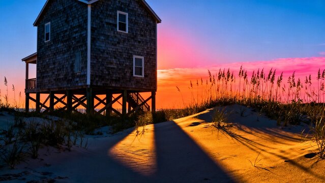 A tall narrow beach house on stilts with weathered cedar-shake siding, long dramatic shadows across sea oats and dunes in the foreground against a bright sunset sky.