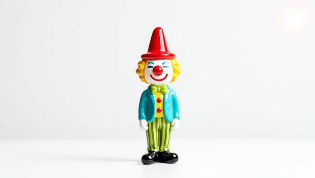 Colorful clown figurine bringing joy and circus fun, standing on a bright white studio background