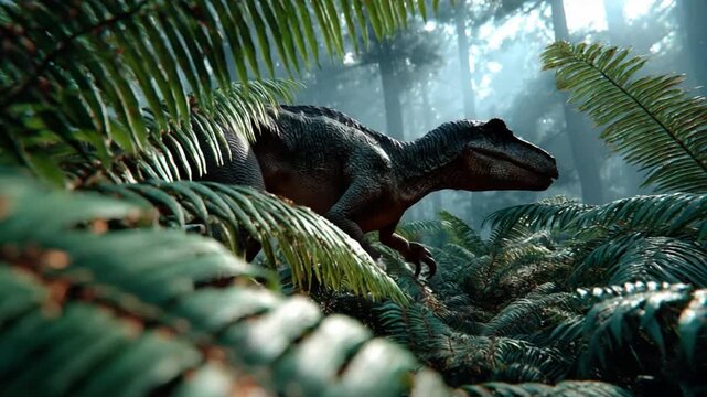 Prehistoric Jungle Predator: A fearsome dinosaur lurks amidst the lush, primeval ferns and foliage of a misty jungle, its reptilian eyes scanning its ancient domain.