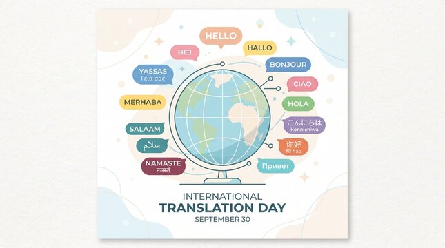 World Translation Day Concept with Global Languages and Translation Symbols for International Communication