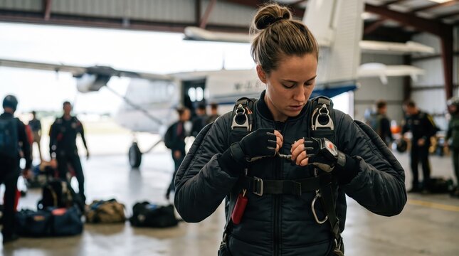 Female skydiver checking her parachute harness and equipment inside an aircraft hangar, preparing for an extreme sports jump with an airplane in the background.