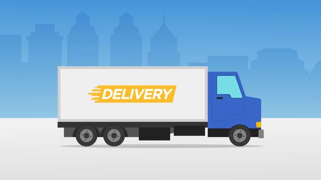 Blue delivery truck with "DELIVERY" logo moving through a city skyline, representing fast logistics and distribution animation