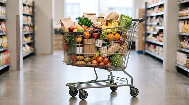Full Grocery Cart Overflowing with Fresh Produce and Packaged Goods in Supermarket Aisle