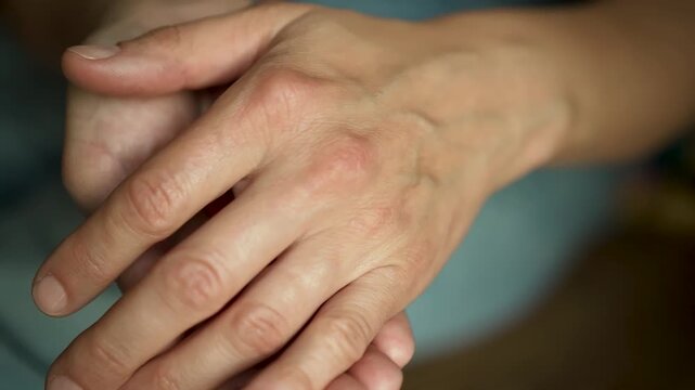 Female hands carefully unveiling red awareness ribbon on open palm, representing solidarity with HIV-positive individuals and December awareness month.