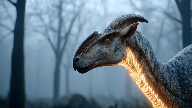Parasaurolophus in the Mist: A detailed depiction of a Parasaurolophus dinosaur with its distinctive crest and glowing chest, standing in a misty forest. The creature's gaze is intense.