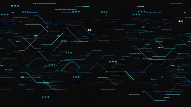 Digital HUD interface data lines flickering with futuristic circuit paths and glowing tech nodes on black background for sci-fi overlay