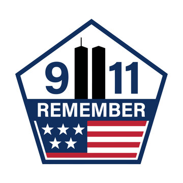 9 11 remember emblem with twin towers silhouette and american flag inside a pentagon shape Vector