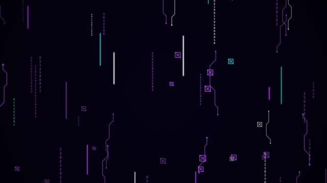 Digital circuit lines with glowing nodes and vertical data stream scrolling in neon purple and cyan for futuristic sci-fi tech background.
