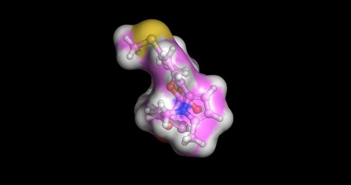 Lercanidipine, vasoselective third-generation calcium channel blocker that smoothly lowers blood pressure with minimal ankle swelling, 3D molecule 4K spinning