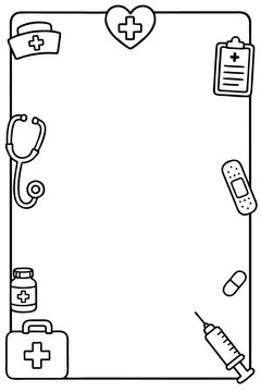 Medical frame border design featuring hand drawn healthcare icons for clinic posters and hospital documents in black and white style