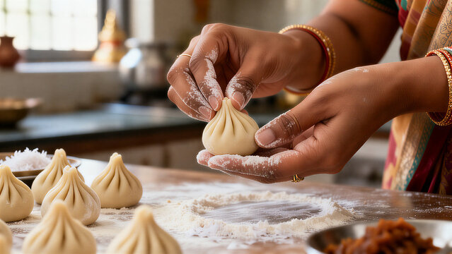 Skilled hands expertly shaping traditional Indian Modak sweets, flour-dusted on warm wood, softly lit by diffuse kitchen light, perfect for food