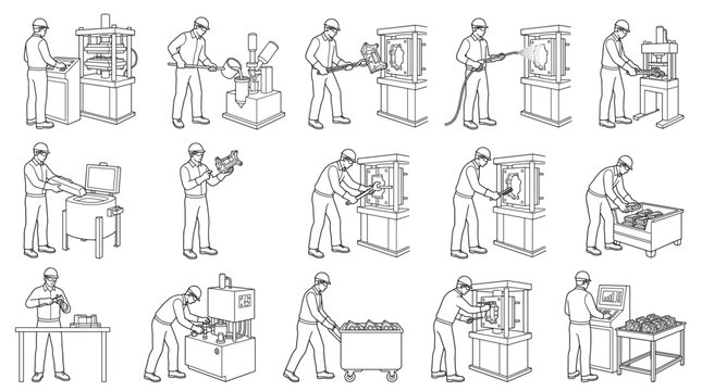 Die caster operating a die casting machine line art set industrial worker activities vector illustration
