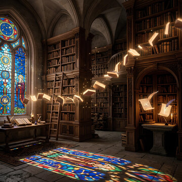 Enchanted Library with Flying Books and Stained Glass Window