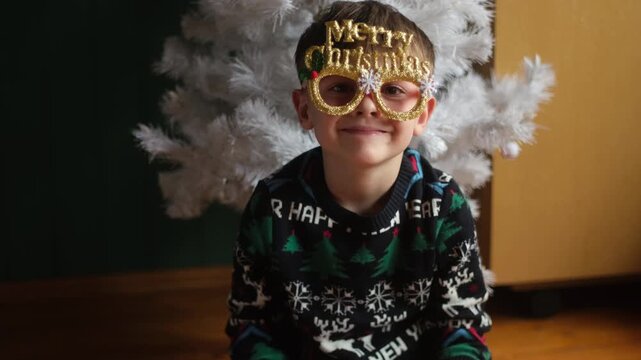 Christmas holiday. Joyful cute child wearing funny Christmas eyeglasses at home
