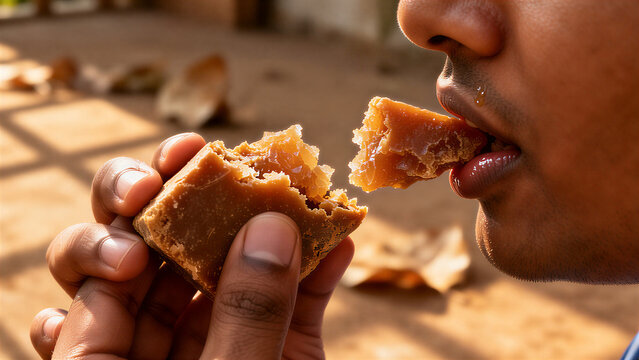 Rustic hands, illuminated by warm sunlight, break a golden-amber block of raw jaggery, bringing its rich, textured sweetness to glistening lips
