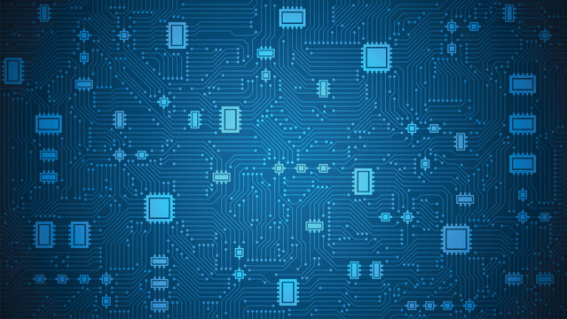 Electronic circuits and data chips on a dark blue background.