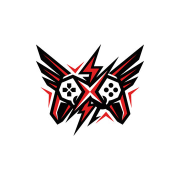 Esports gaming controller logo design with wings and lightning bolts.