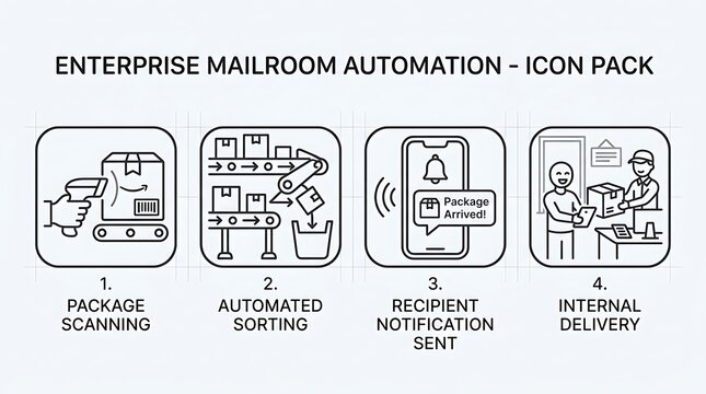 Set of line icons depicting an automated corporate mailroom workflow including scanning, sorting, notifications, and delivery