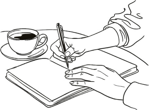 A minimalist black-and-white illustration depicts a persons hands writing in a gratitude journal with a steaming coffee cup nearby on a white background