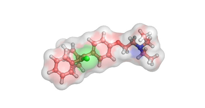 Clomiphene (Clomid), selective estrogen receptor modulator that triggers ovulation by boosting reproductive hormones, widely used in fertility treatments, 3D molecule 4K