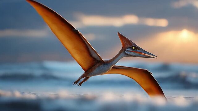 Pterodactyl Soaring Over Water: A majestic pterodactyl with vast wingspan glides effortlessly above a shimmering ocean, silhouetted against a dramatic sunset sky.