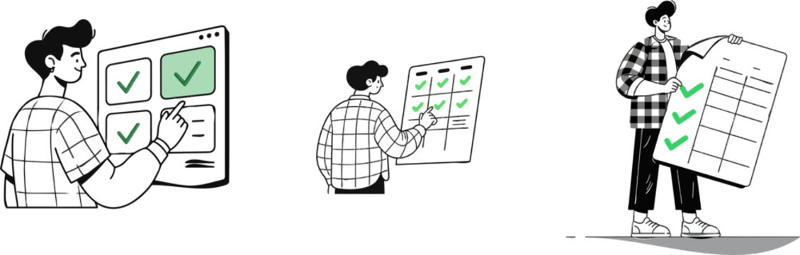 A person in a plaid shirt reviews a comparison table with green checkmarks on a minimalist interface against a white background