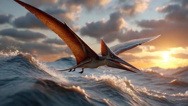 Pterodactyl Flight Over Ocean Waves: A majestic pterodactyl soars over choppy ocean waves at sunset, its silhouette outlined against a dramatic sky filled with clouds and the fading sun.