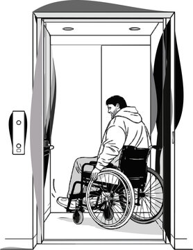 A black and white flat vector illustration depicts a wheelchair user entering an accessible elevator with low-positioned buttons, showcasing inclusivity in public spaces