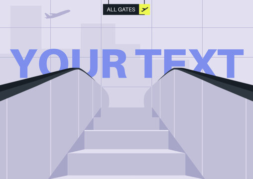 At a bustling transit center, a sleek escalator invites travelers with its modern design, Above, signs guide crowds towards their destinations, while planes soar in the sky above.