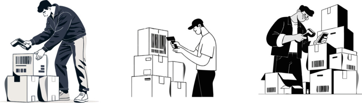 A warehouse manager scans a barcode on a stack of boxes using a handheld computer, ensuring efficient inventory management in a minimalist black and white illustration