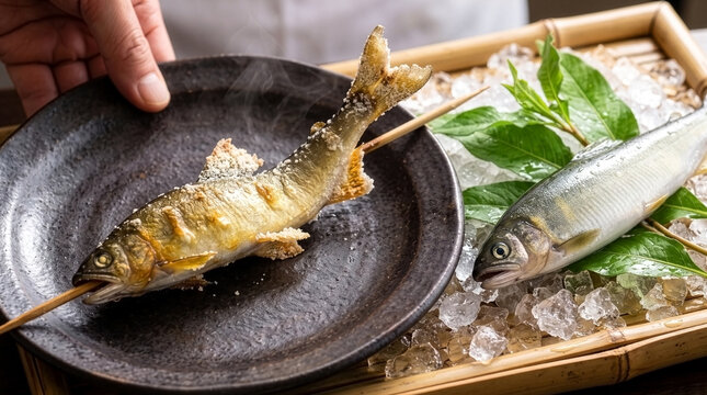 Macro (Focus on Sculptural Grilling and Raw Vitality)
Title: Cinematic Close-Up of Salt-Grilled Sweetfish (Ayu) and Raw Fish on Ice