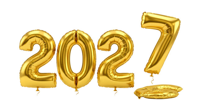 Gold foil balloons forming the year 2027 with a deflated number six isolated on transparent background for New Year celebrations