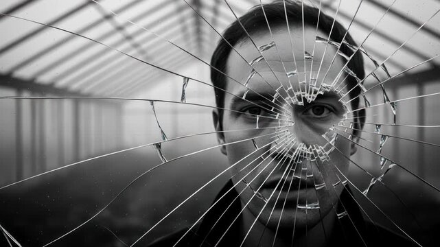 Man's face seen through a broken mirror