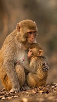 mother and baby&rsquo; A tender mother macaque monkey lovingly embraces her small baby resting safely against her chest while sitting together outdoors on the dry forest ground.
