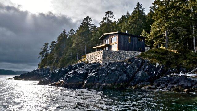 A dark modern timber-and-stone house set against dense evergreen forest on a rocky island shoreline, with directional light breaking through overcast clouds.