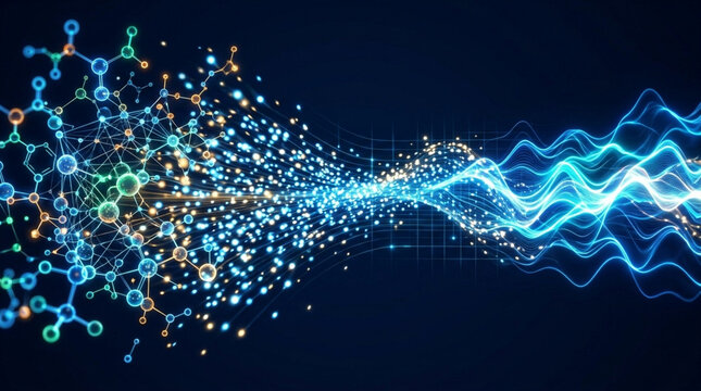 Abstract Molecular Structure Transforming Into Digital Blue Energy Waves On Dark Background