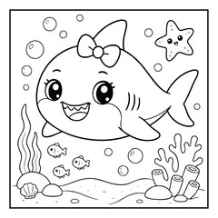 Fototapeta premium Shark coloring page featuring cute baby shark with bow swimming underwater with starfish fish bubbles and coral reef background