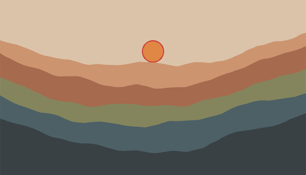 Beautiful minimalist landscape art depicting layered wavy mountains in warm earthy colors and a small red setting sun.