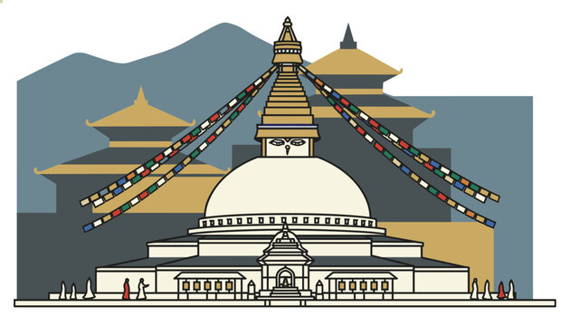 Detailed illustration of the famous Boudhanath Stupa in Kathmandu, Nepal, with colorful prayer flags and mountains.