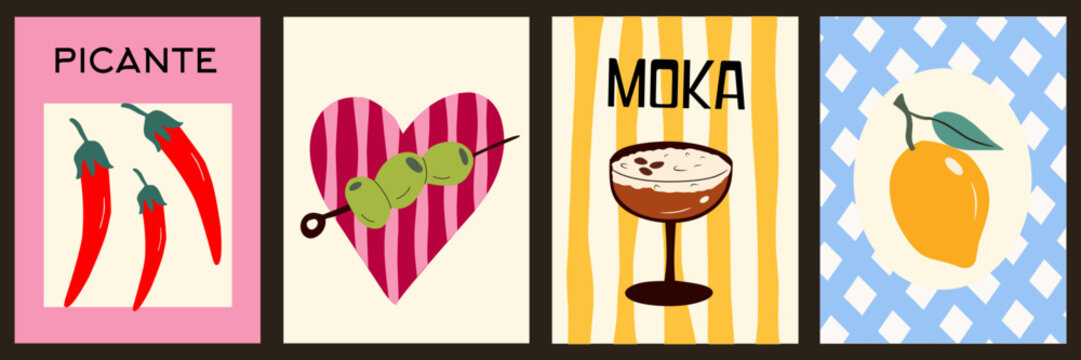 Retro Food And Drink Wall Art Print Set, Vintage Minimalist Aperol, Chili, Lemon Poster, Modern Kitchen Decor Collection