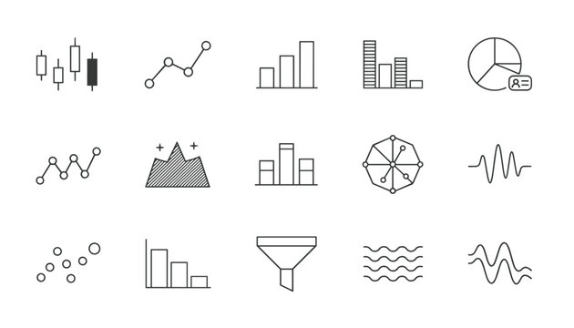 Set of fifteen minimalist black and white line icons representing various charts, graphs, and data analysis formats.