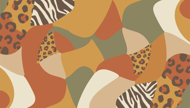 Beautiful abstract seamless pattern collage combining zebra stripes, leopard spots, and warm earthy colored blocks.