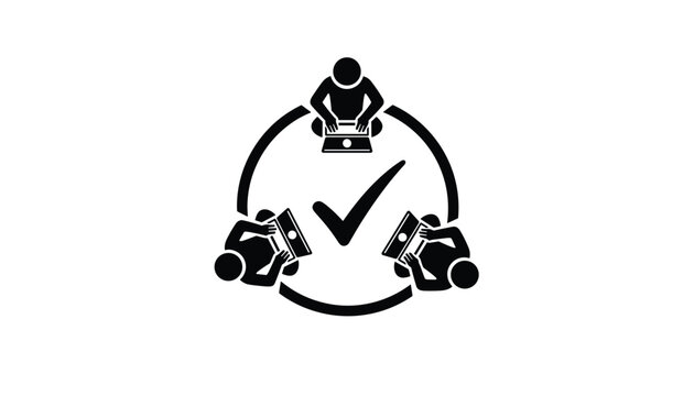 Black silhouette icon representing team collaboration with three people working on laptops around a central checkmark.
