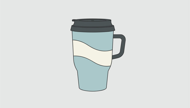 Minimalist illustration of a light blue reusable travel mug with a handle and dark lid isolated on a grey background.