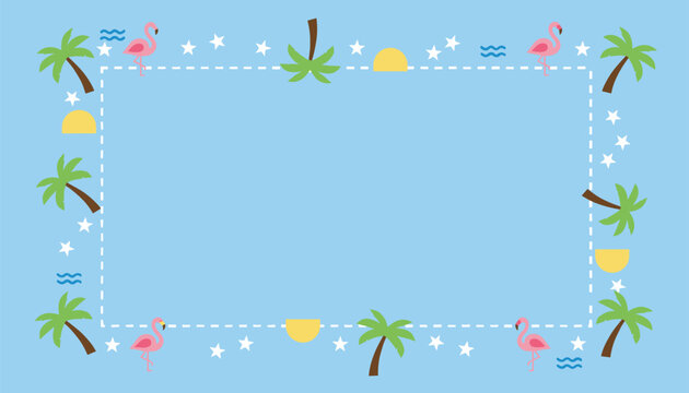 Tropical summer border frame on a light blue background decorated with pink flamingos palm trees stars and half suns.