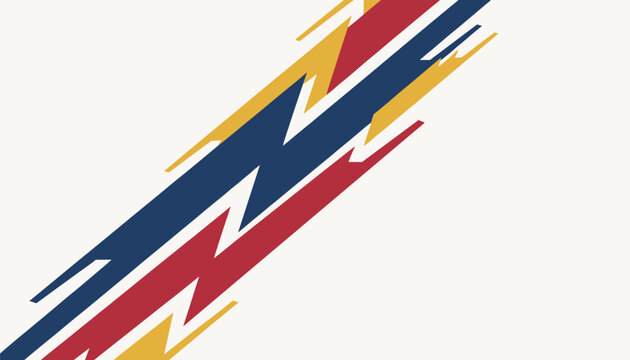 Sporty abstract background with bold diagonal stripes in blue red and yellow color tones on a clean off white backdrop.