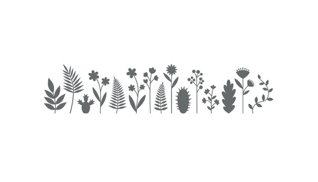 Horizontal border of various wild flower and fern plant silhouettes in dark grey over a clean white background.