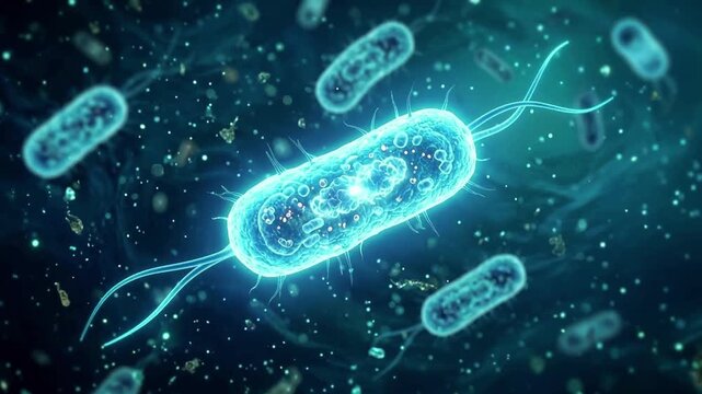 Microscopic close up of glowing blue rod shaped bacterium cell with flagella