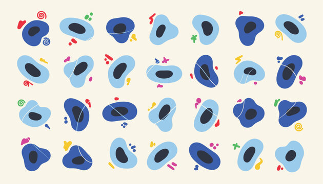Creative background pattern consisting of rows of blue organic blob shapes with colorful accents on off white.