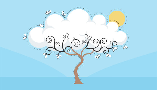 Whimsical dreamlike tree with a fluffy white cloud as foliage and a yellow sun shining behind it in a soft blue sky.